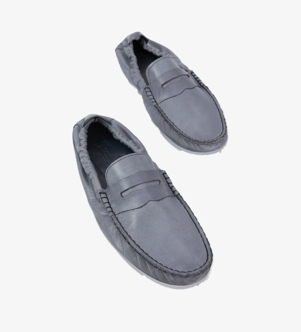Erkek Gri Arkası Lastikli Rahat Kalıp Hakiki Deri Loafer