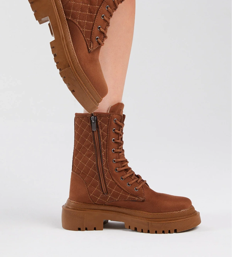 Kadın Taba Süet Kalın Taban Kapitone Nakışlı Bağcıklı ve Fermuarlı Bot - Görsel 1