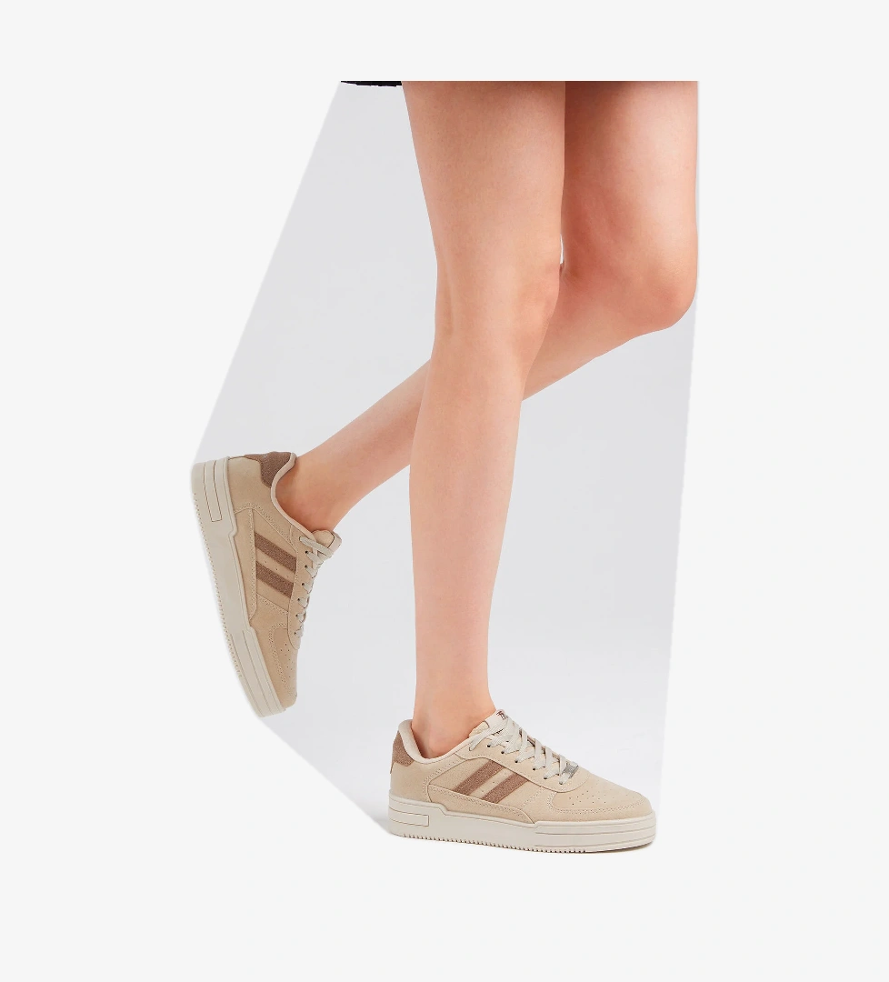 Unisex Bej Kahve Yanı Çizgili Bağcıklı Rahat Kalıp Sneaker