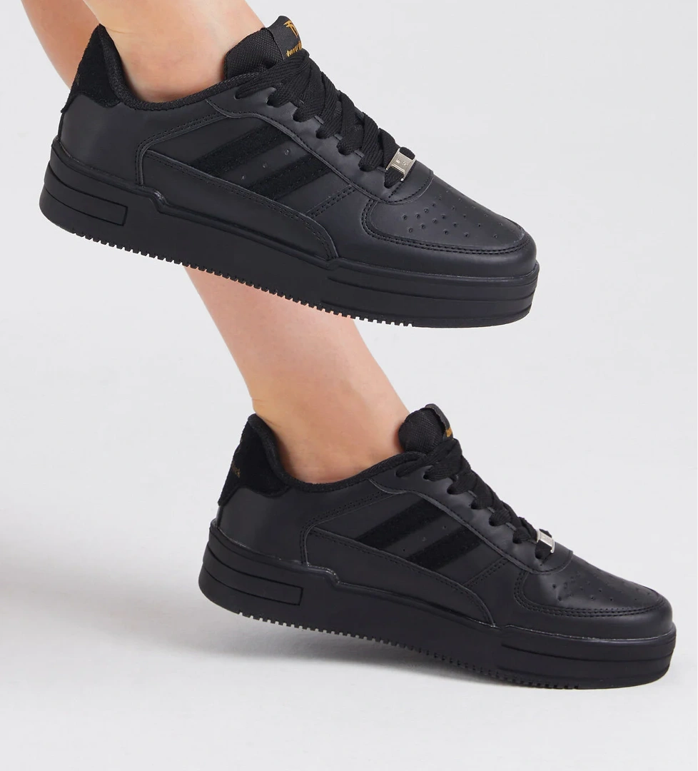 Tonny Black Unisex Siyah Siyah Yanı Çizgili Bağcıklı Rahat Kalıp Sneaker