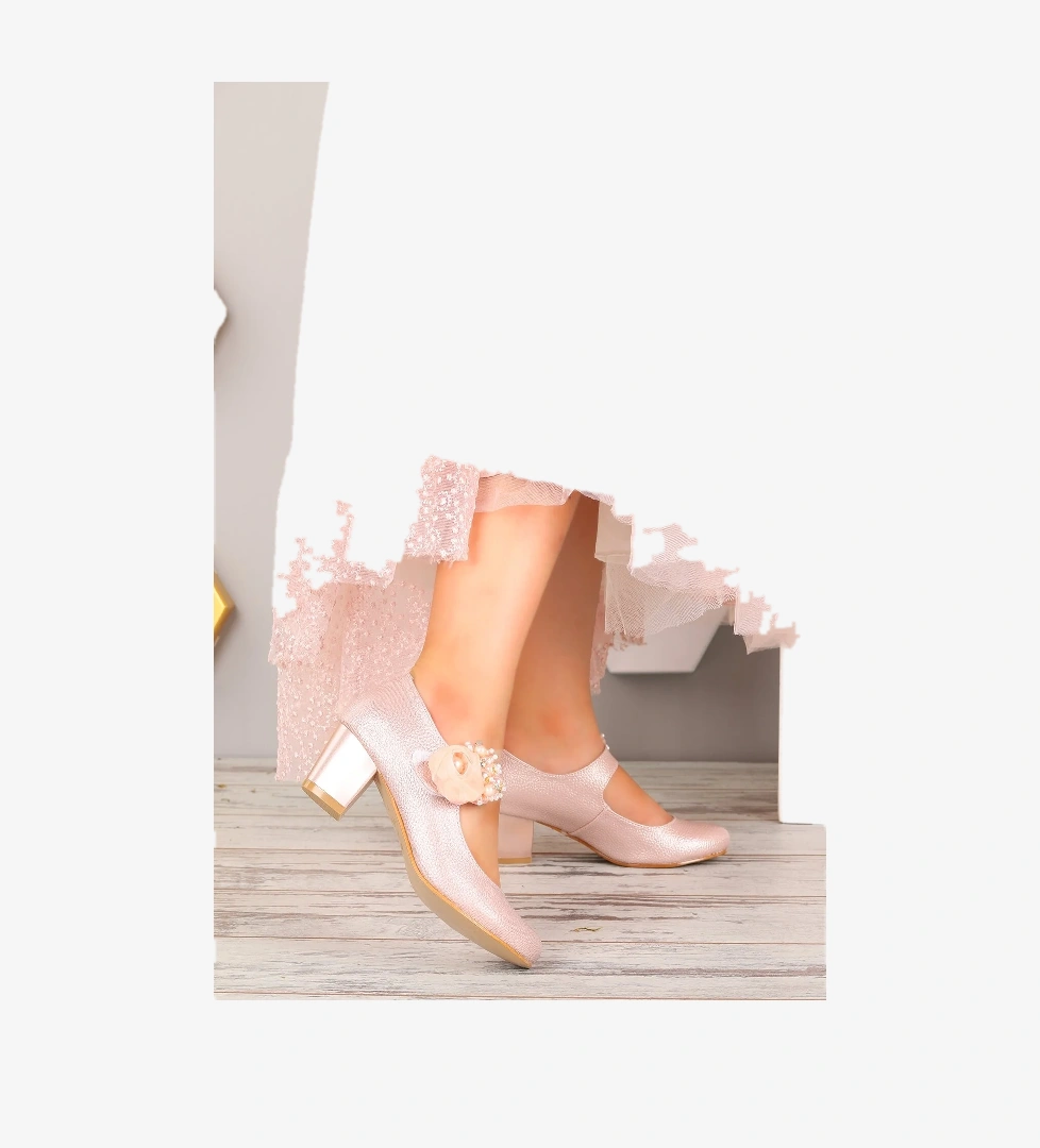 Angelina Vakko Günlük Kız Çocuk 4 Cm Topuklu Abiye Ayakkabı Pudra