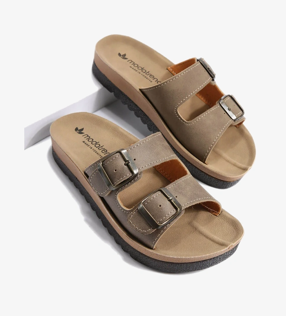 Kadın 2 Toka Kemerli Terlik VİZON MAT