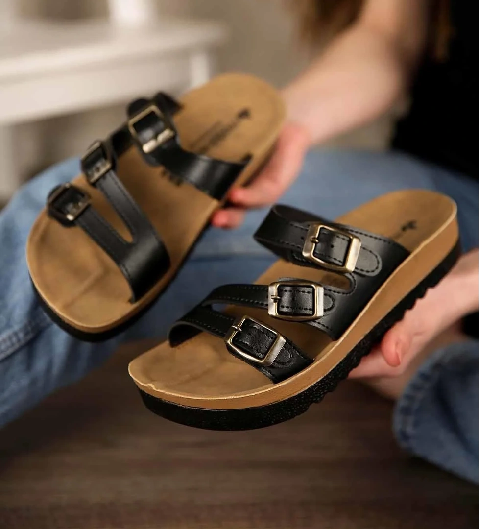 Kadın 3 Tokalı Terlik SİYAH CİLT - Görsel 1