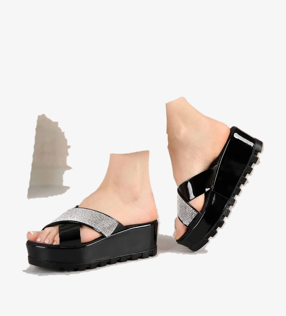 Kadın Çapraz Bantlı Taşlı Terlik SİYAH RUGAN - Görsel 1