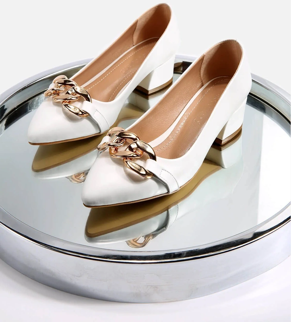 Kadın Zincirli Günlük Topuklu Ayakkabı BEYAZ CİLT