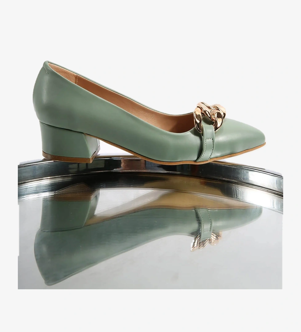 Kadın Zincirli Günlük Topuklu Ayakkabı MİNT YEŞİLİ CİLT
