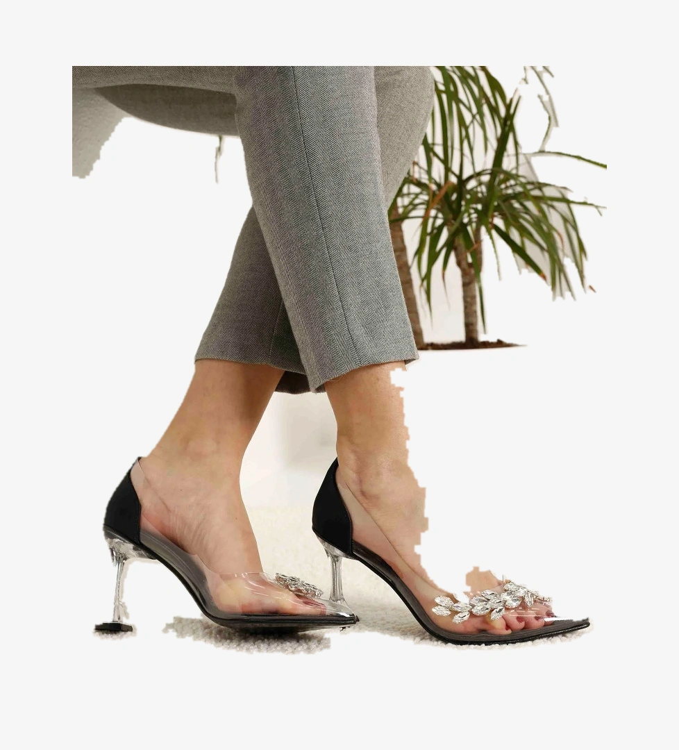 Kadın Taşlı Şeffaf Topuklu Ayakkabı SİYAH SATEN