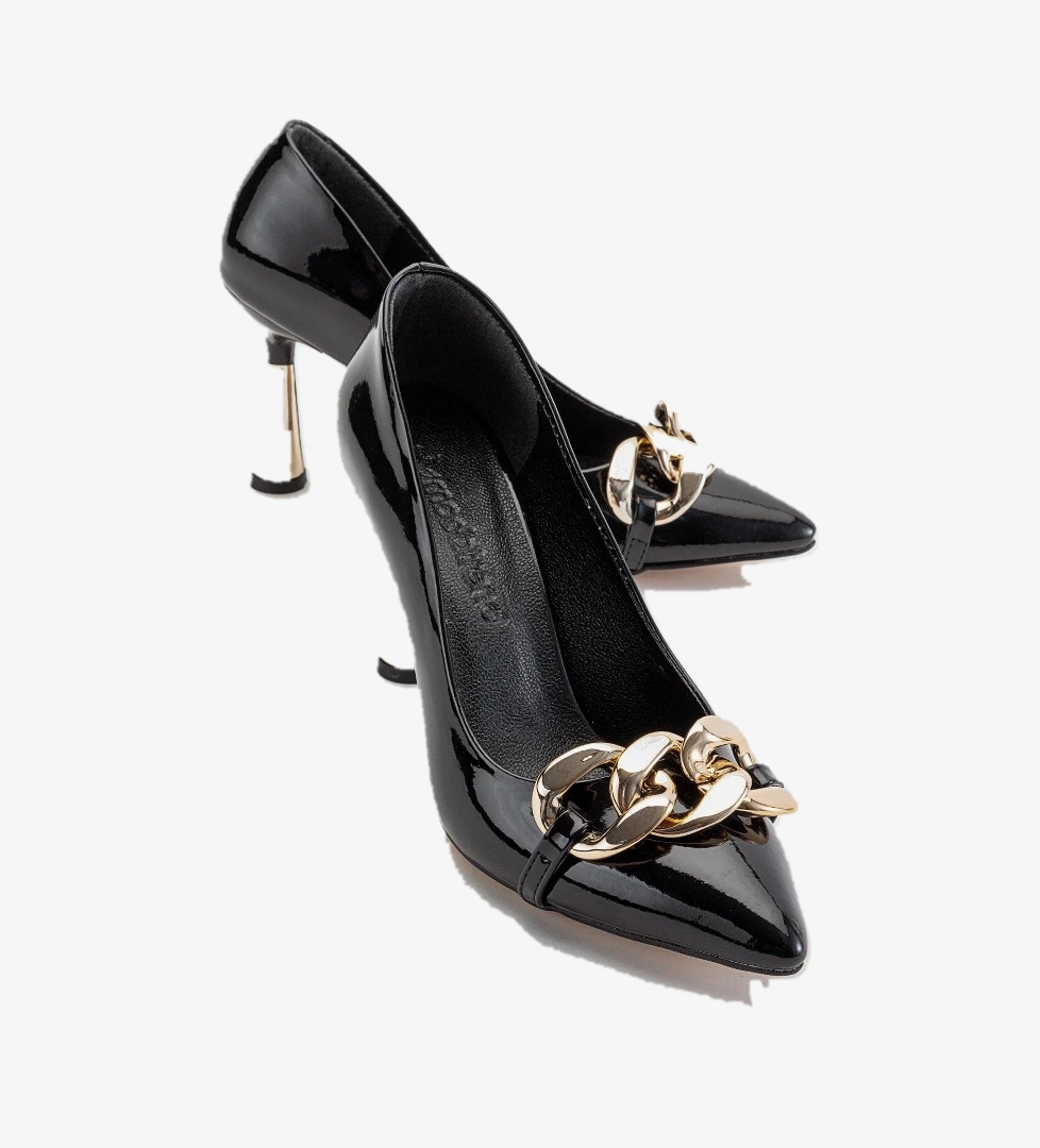 Kadın Zincirli Topuklu Ayakkabı SİYAH RUGAN - Görsel 1