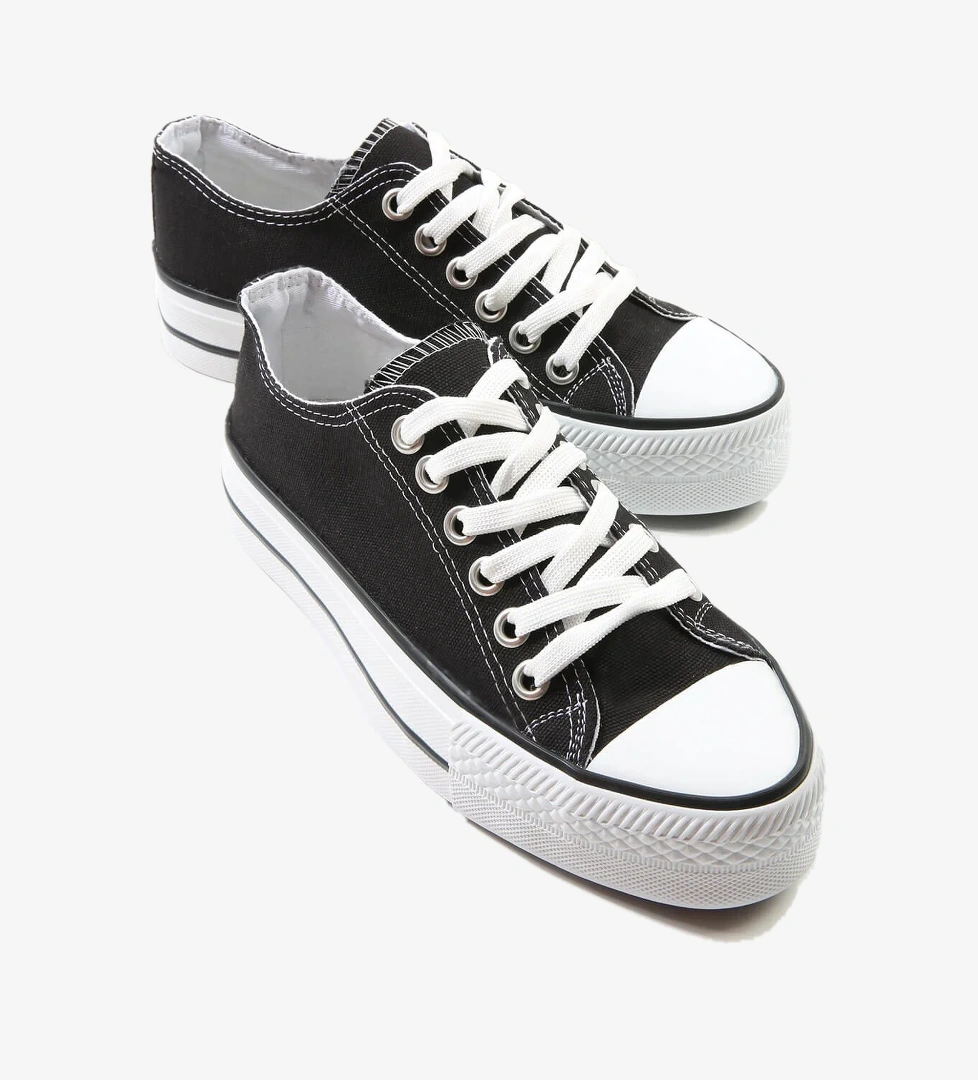 Kadın Kalın Tabanlı Keten Spor Ayakkabı SİYAH BEYAZ