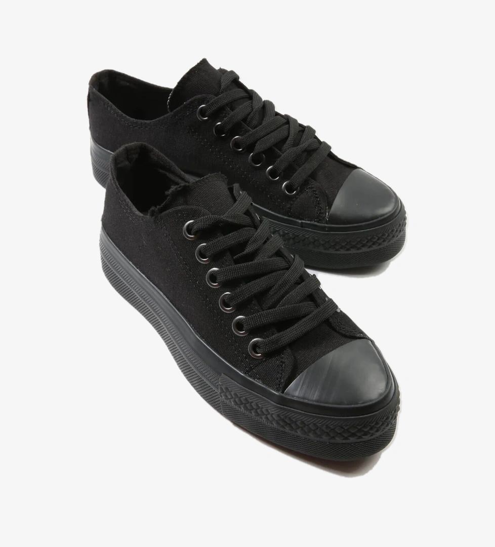 Kadın Kalın Tabanlı Keten Spor Ayakkabı SİYAH SİYAH