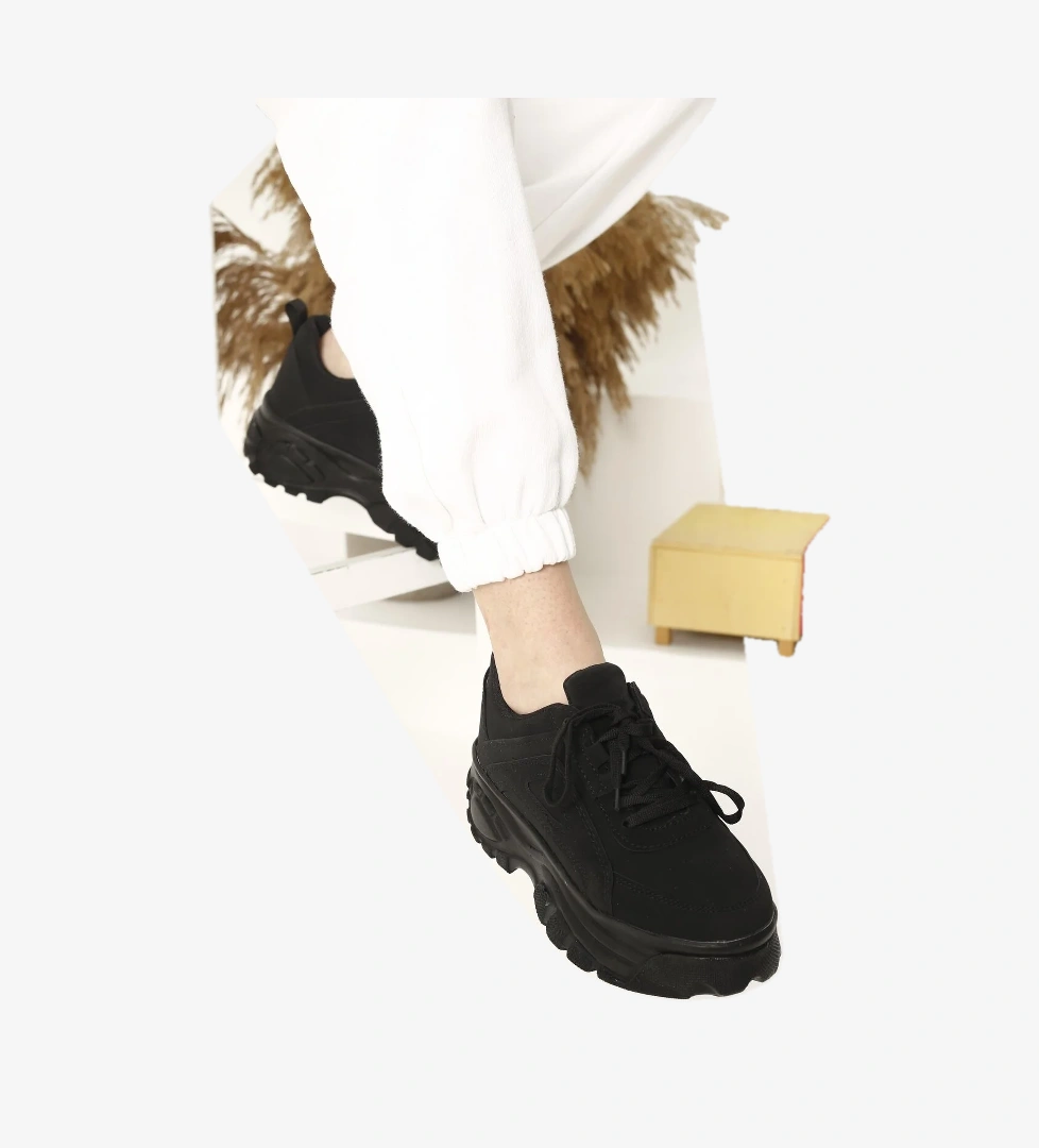 Kadın Bağcıklı Spor Ayakkabı SİYAH NUBUK SİYAH