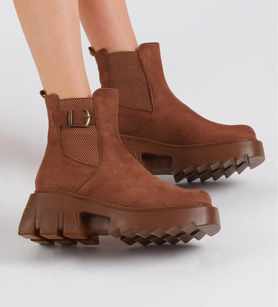 Kadın Taba Süet Rahat Kalıp Kalın Taban Tokalı Lastikli Bot