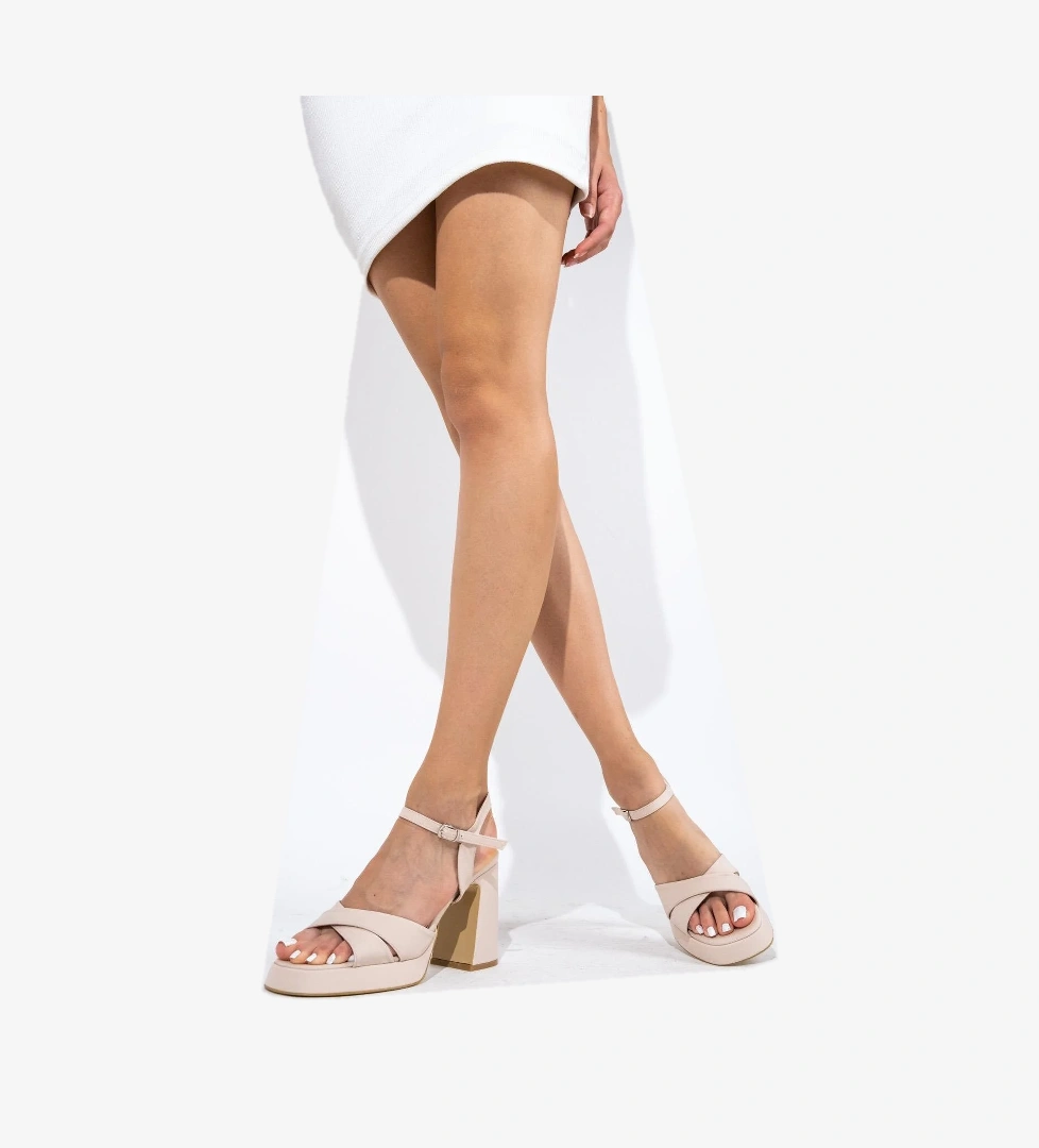 Sahra Ten Rengi Saten Çapraz Bantlı Kalın Platform Topuklu Ayakkabı