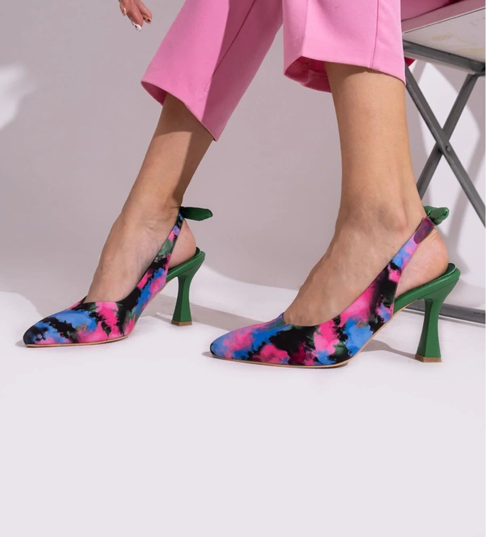 Yeşil Çok Renkli Arkadan Fiyonklu Stiletto Topuklu Ayakkabı - Pony