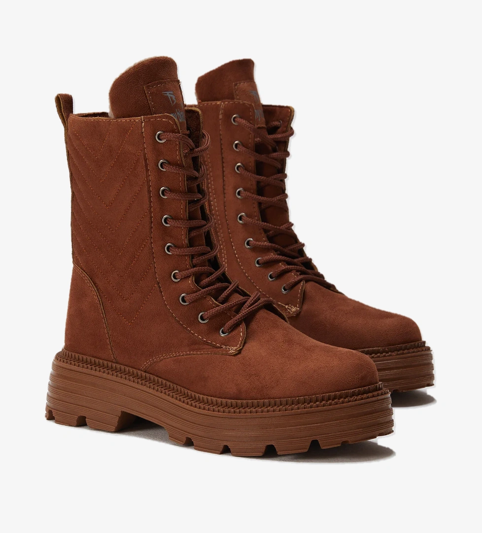 Kadın Taba Süet Kalın Taban Nakışlı Bağcıklı ve Fermuarlı Bot - Görsel 1