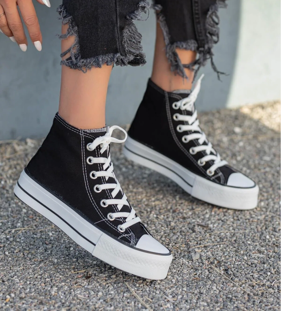 Ccway Kalın Tabanlı Uzun Keten Kadın Spor Ayakkabı SİYAH BEYAZ