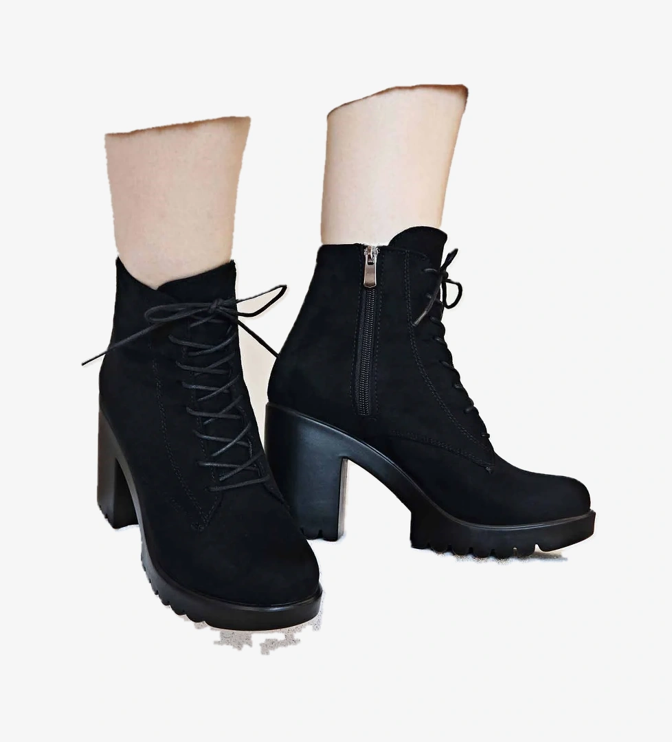 Bağcıklı Kadın Topuklu Bot SİYAH SÜET