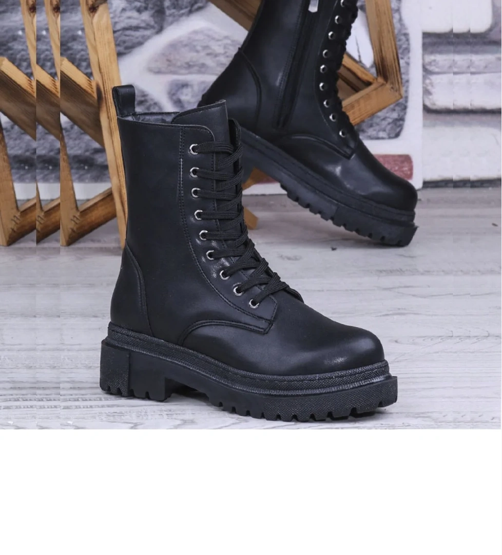 Kadın Bağcıklı Fermuarlı Postal Düz Bot Siyah