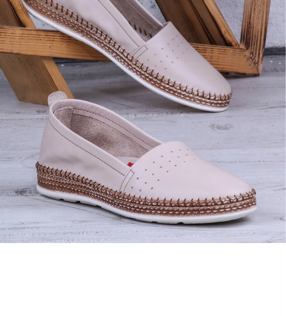 Herna Hakiki Deri Babet Kadın Ayakkabı Bej - Görsel 1