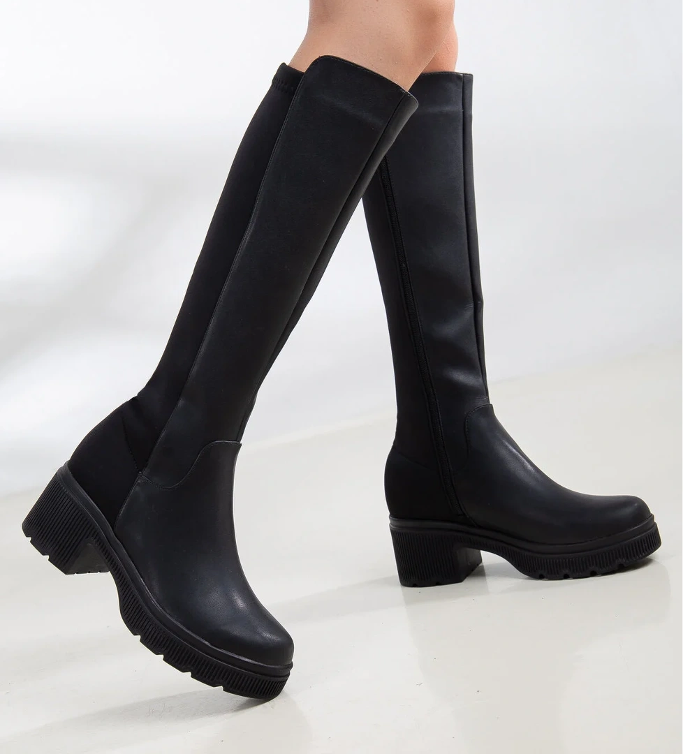 D080 Garantili Kadın Siyah Çekme Çizme Bot Bootie - Görsel 1