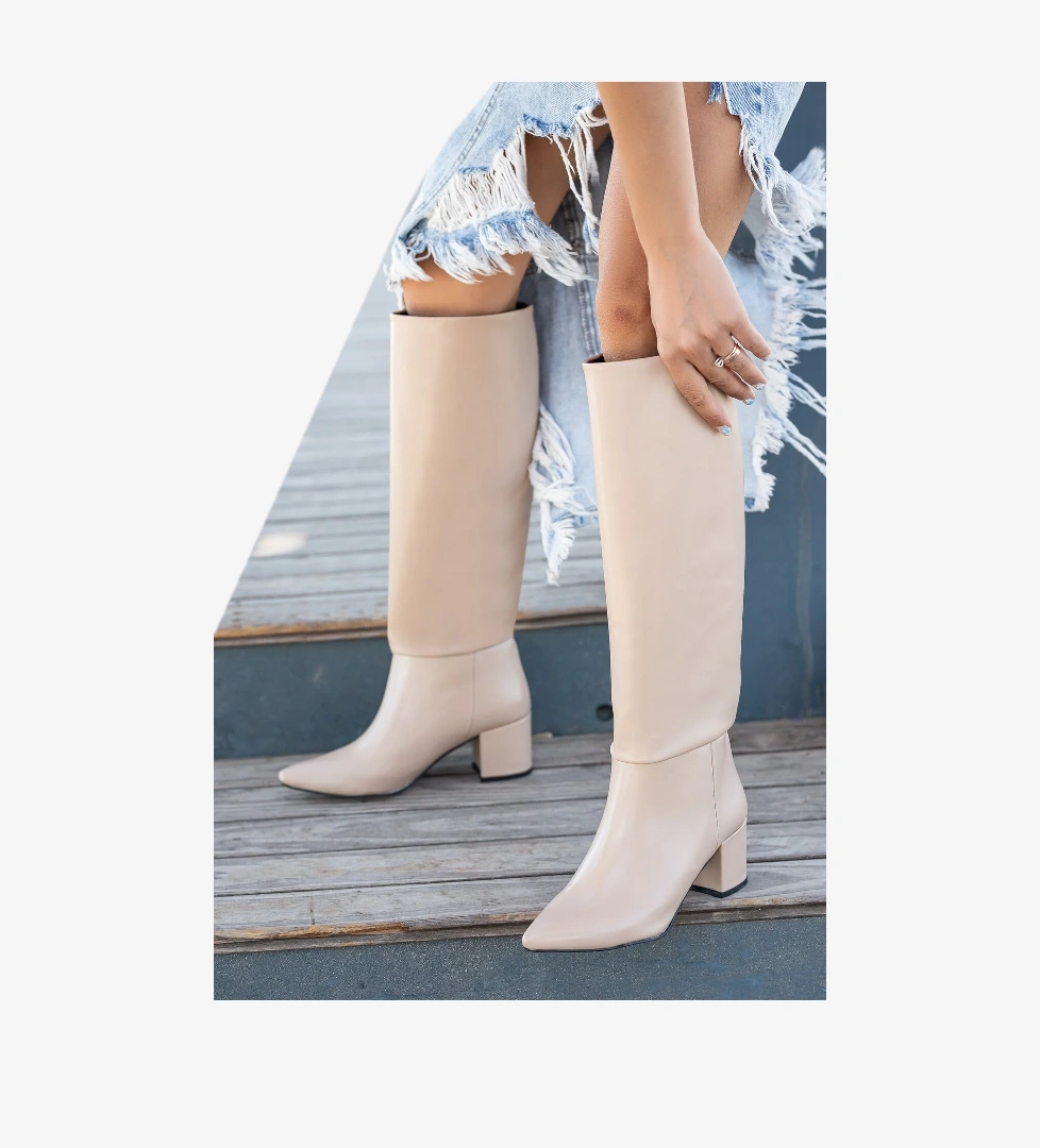 Pavo Nude Deri Topuklu Yanı Fermuarlı Günlük Kullanım Çizme