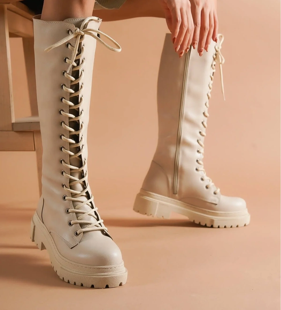 Bany Bej Bağcıklı Yanı Fermuarlı Günlük Kadın Çizme