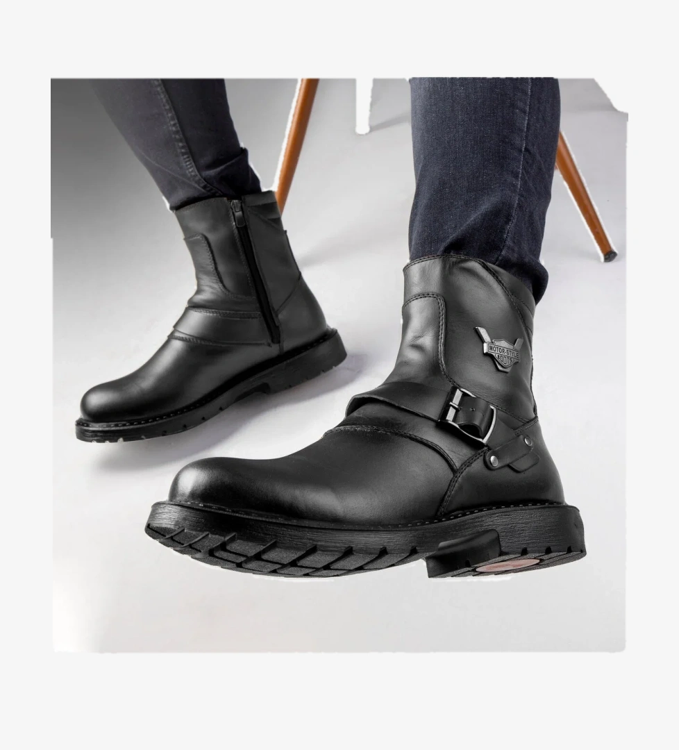 Rock Hakiki Deri Erkek Bağcıksız Kürklü Postal Bot, Harley Bot - Görsel 1