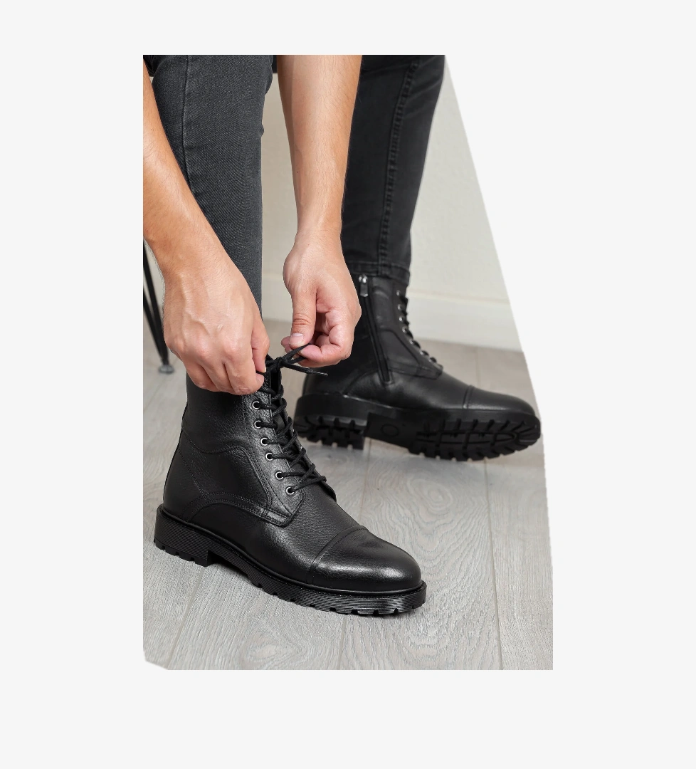 D402 Hakiki Deri Soğuk Geçirmez Kışlık Erkek Bot Kauçuk Taban_Siyah