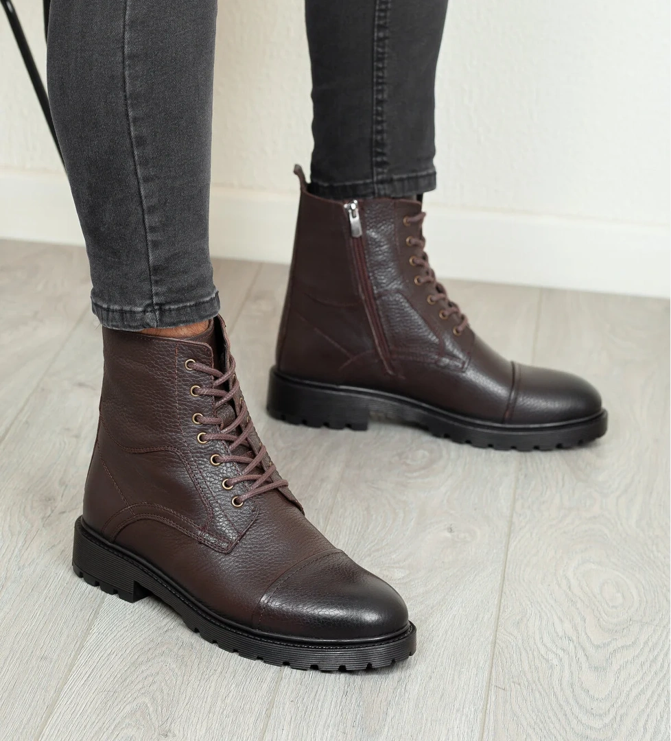 D402 Hakiki Deri Soğuk Geçirmez Kışlık Erkek Bot Kauçuk Taban_Kahverengi