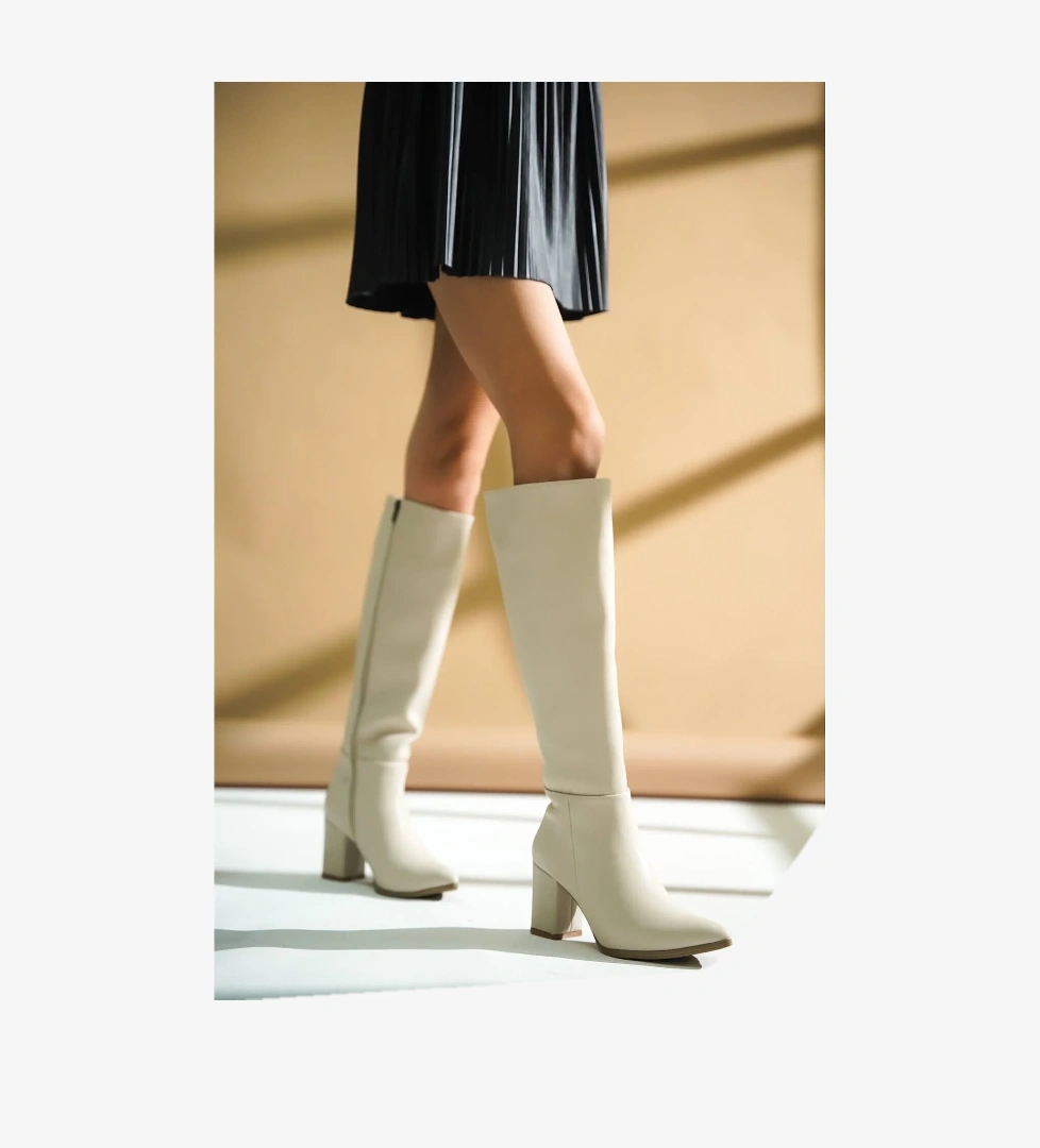 Kleo Bej Deri Topuklu Yanı Fermuarlı Günlük Kullanım Çizme