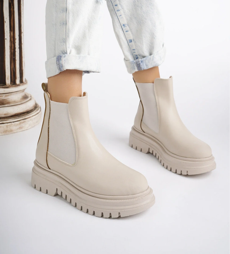 Su Geçirmez İçi Kürklü Yüksek Taban Yanlar Lastikli Çok Hafif Taban Garantili Kı Bej - Görsel 1