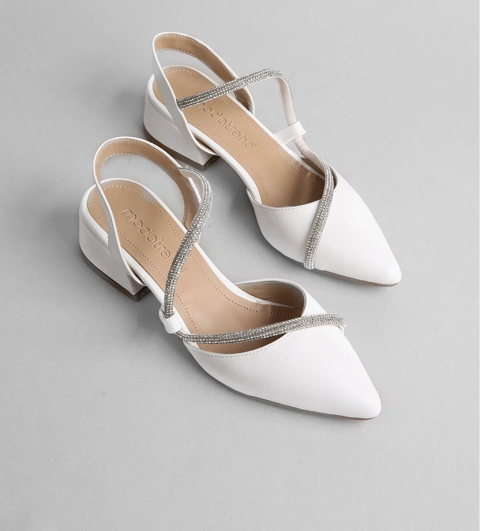 Kadın Taşlı Günlük Topuklu Ayakkabı BEYAZ CİLT