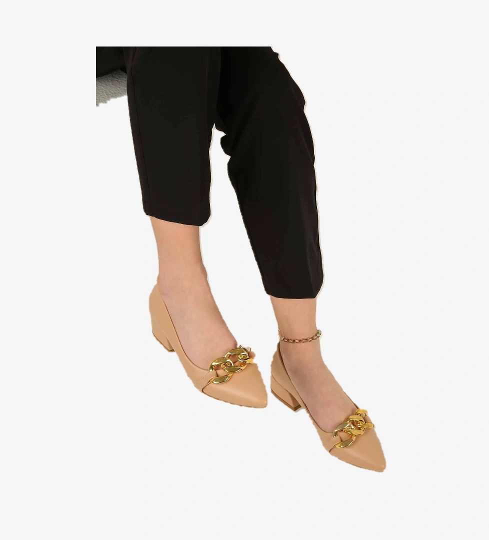 Kadın Zincirli Günlük Topuklu Ayakkabı NUDE CİLT