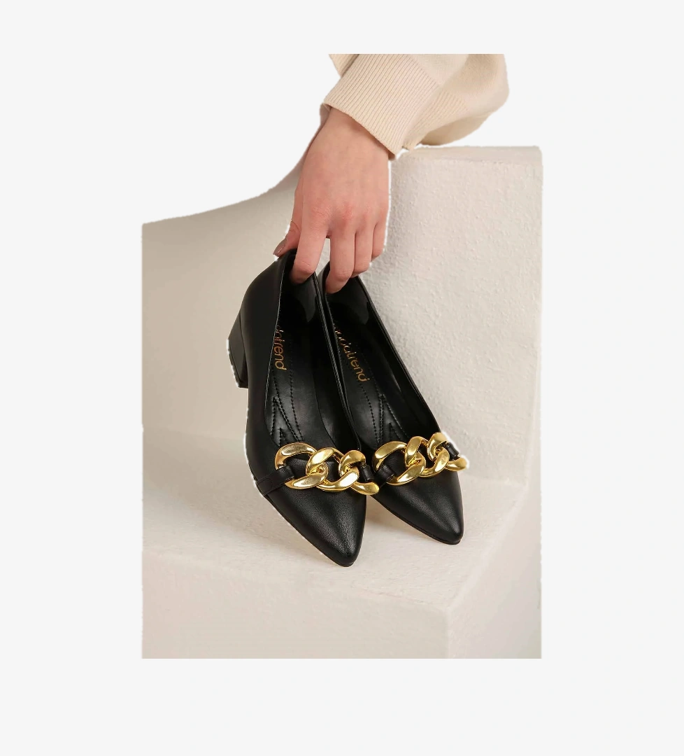 Kadın Zincirli Günlük Topuklu Ayakkabı SİYAH CİLT - Görsel 1