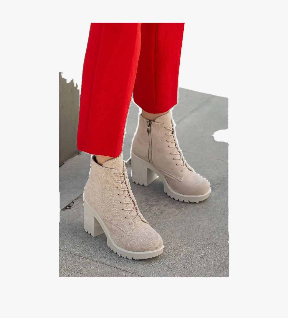 Bağcıklı Kadın Topuklu Bot TEN SÜET - Görsel 1