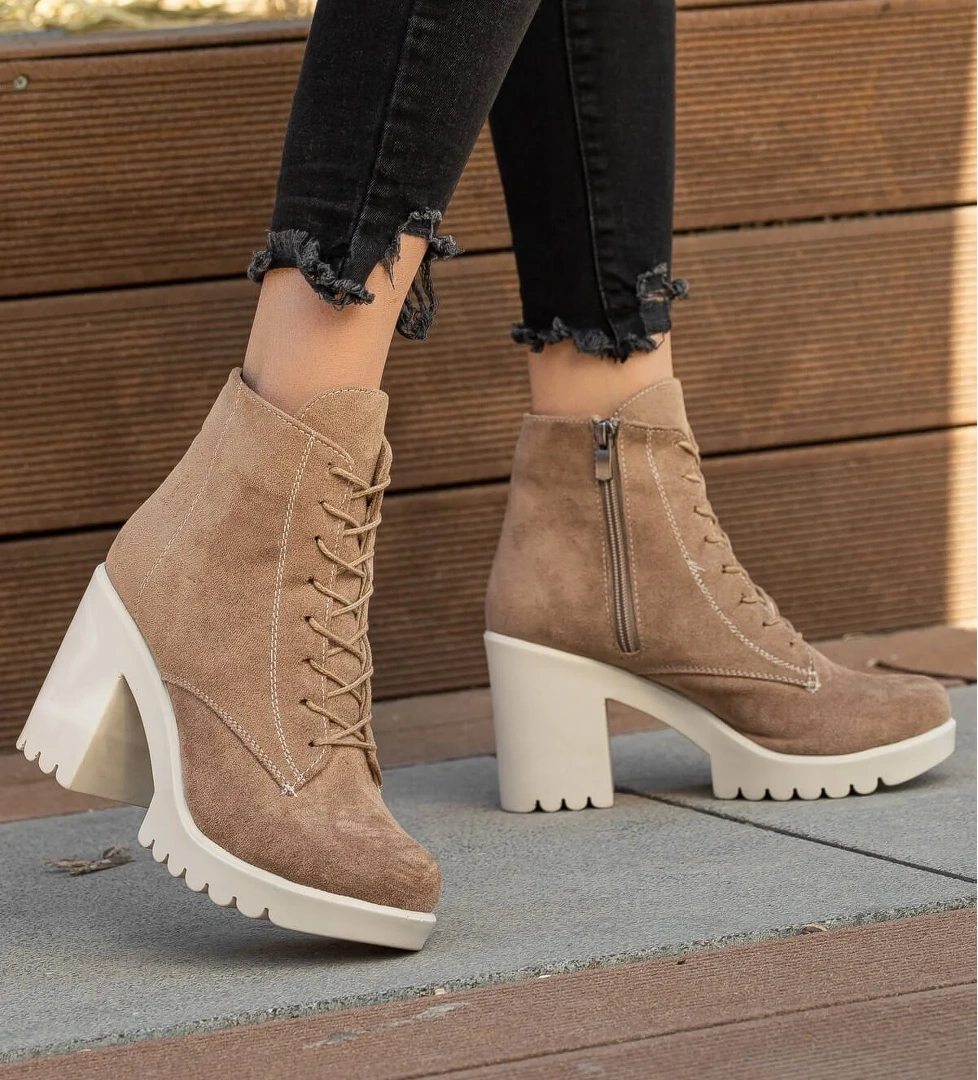 Bağcıklı Kadın Topuklu Bot VİZON SÜET TEN - Görsel 1