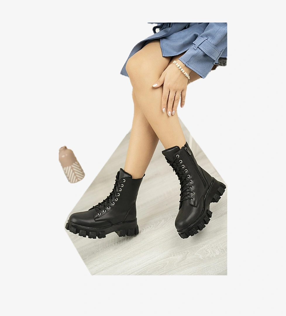 Kadın Garantili Kürklü Yüksek Hafif Taban Kışlık Fermuarlı Su Geçirmez Bot Çizme Siyah - Görsel 1