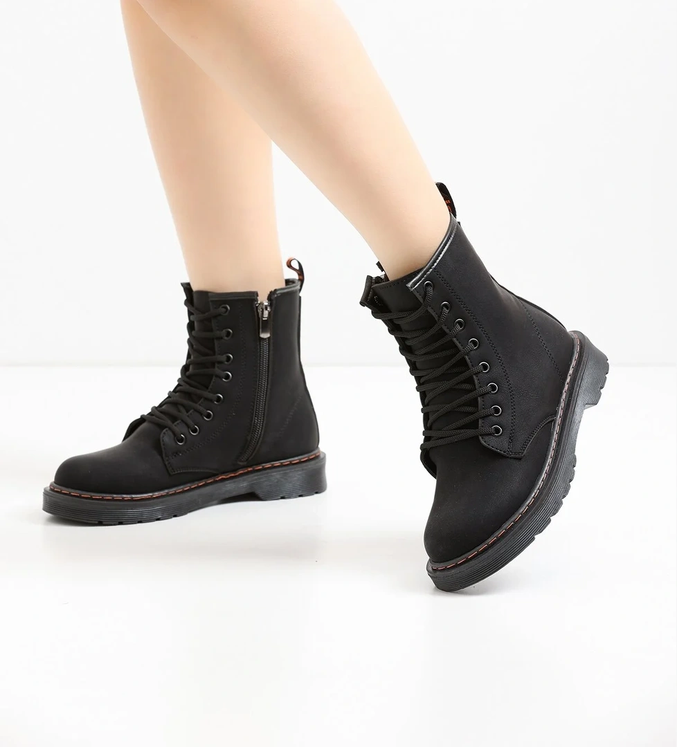 226 Günlük Bağcıklı Fermuarlı Kadın Bot Ayakkabı Postal - Görsel 1