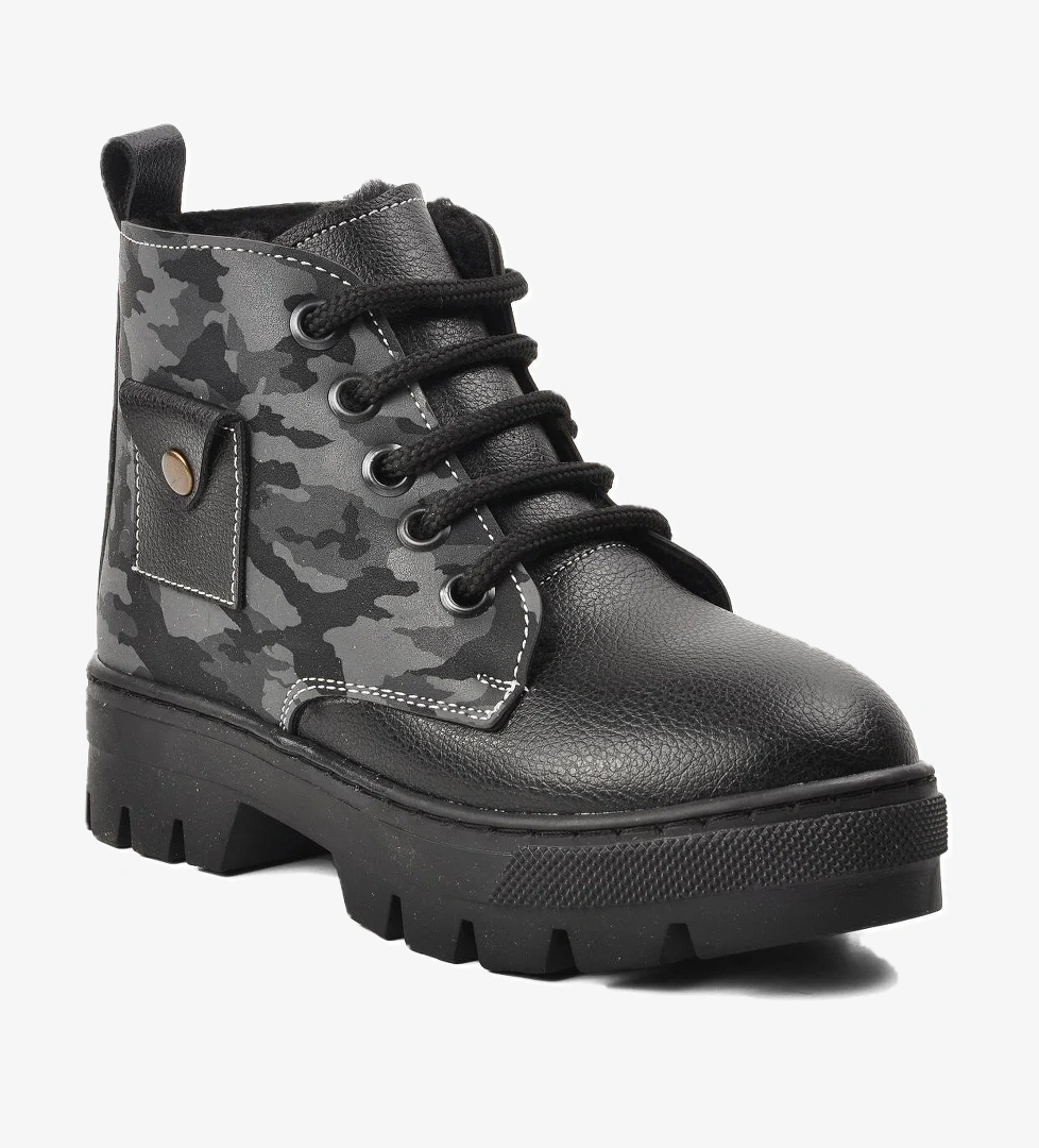 Arz 2301003-P Siyah Kamuflaj İçi Kürklü Çocuk Bot