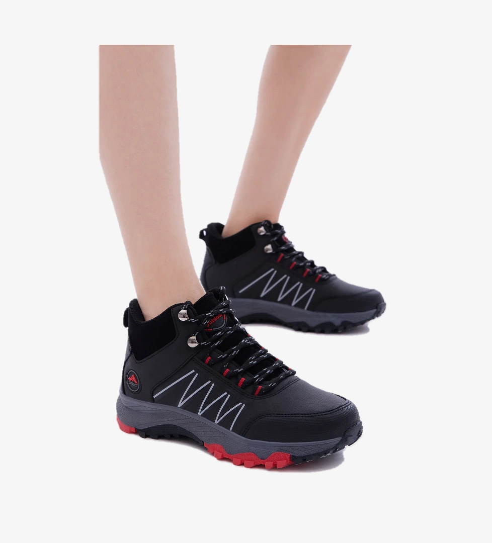 Unisex Siyah Kırmızı Rahat Kalıp Bağcıklı Bot