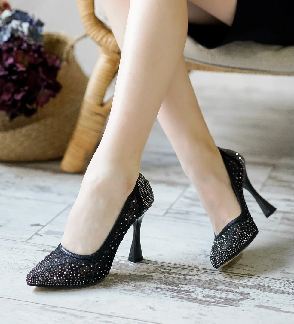 Taş Dantel Detaylı Sindirella Ayakkabısı Kadın Stiletto Topuklu Ayakkabı