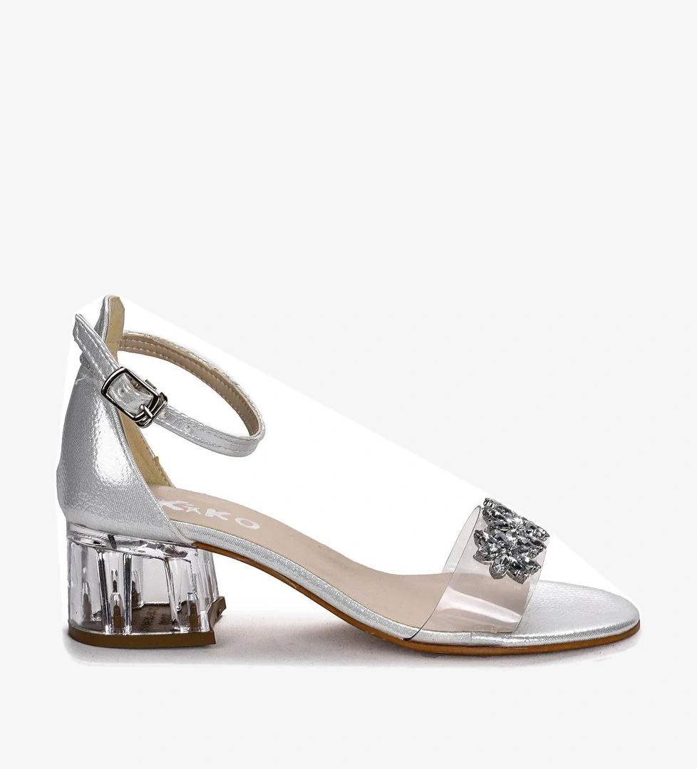 Yangu Vakko Taşlı Kız Çocuk 3 Cm Şeffaf Topuklu Sandalet Abiye Ayakkabı Sedef