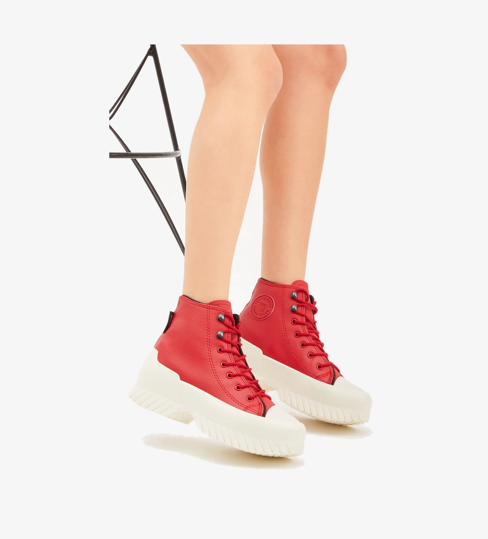 Kadın Kırmızı Rahat Kalıp Yüksek Taban Bağcıklı Spor Ayakkabı - Görsel 1