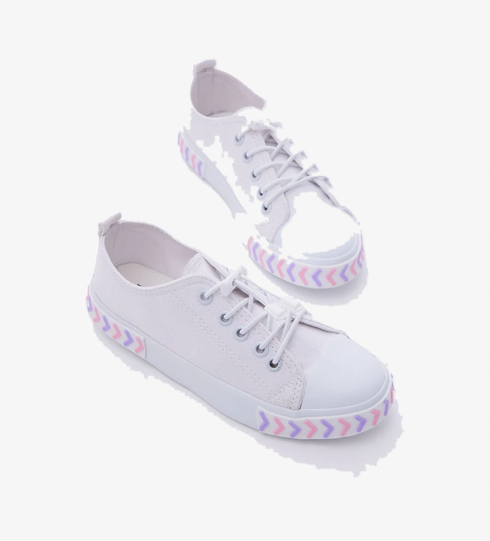 Çocuk Unisex Beyaz Pudra Rahat Kalıp Ok Detaylı Lastik Bağcıklı Kumaş Spor Ayakkabı