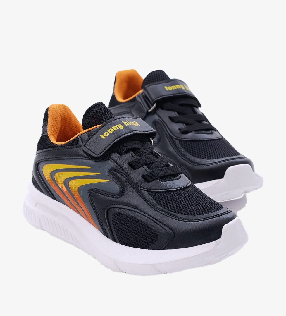 Tonny Black Çocuk Unisex Siyah Oranj Rahat Kalıp Fileli Lastik Bağcıklı Cırtlı Spor Ayakkabı model görseli
