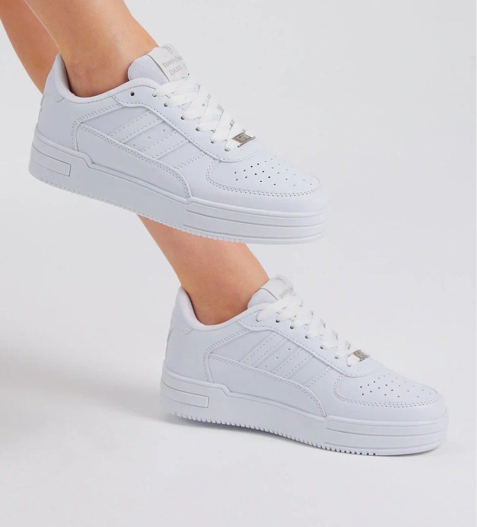 Unisex Beyaz Beyaz Yanı Çizgili Bağcıklı Rahat Kalıp Sneaker