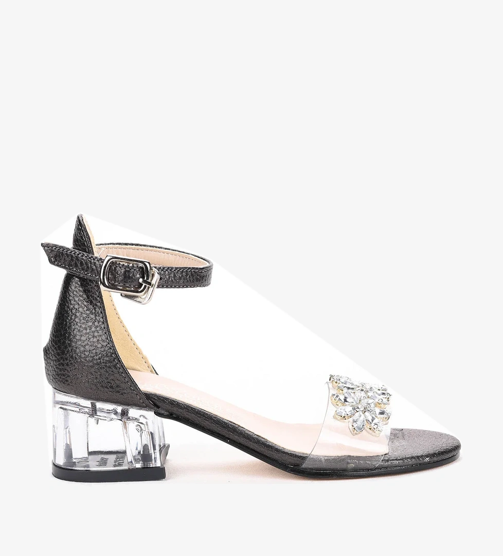 Yangu Vakko Taşlı Kız Çocuk 3 Cm Şeffaf Topuklu Sandalet Abiye Ayakkabı Platin