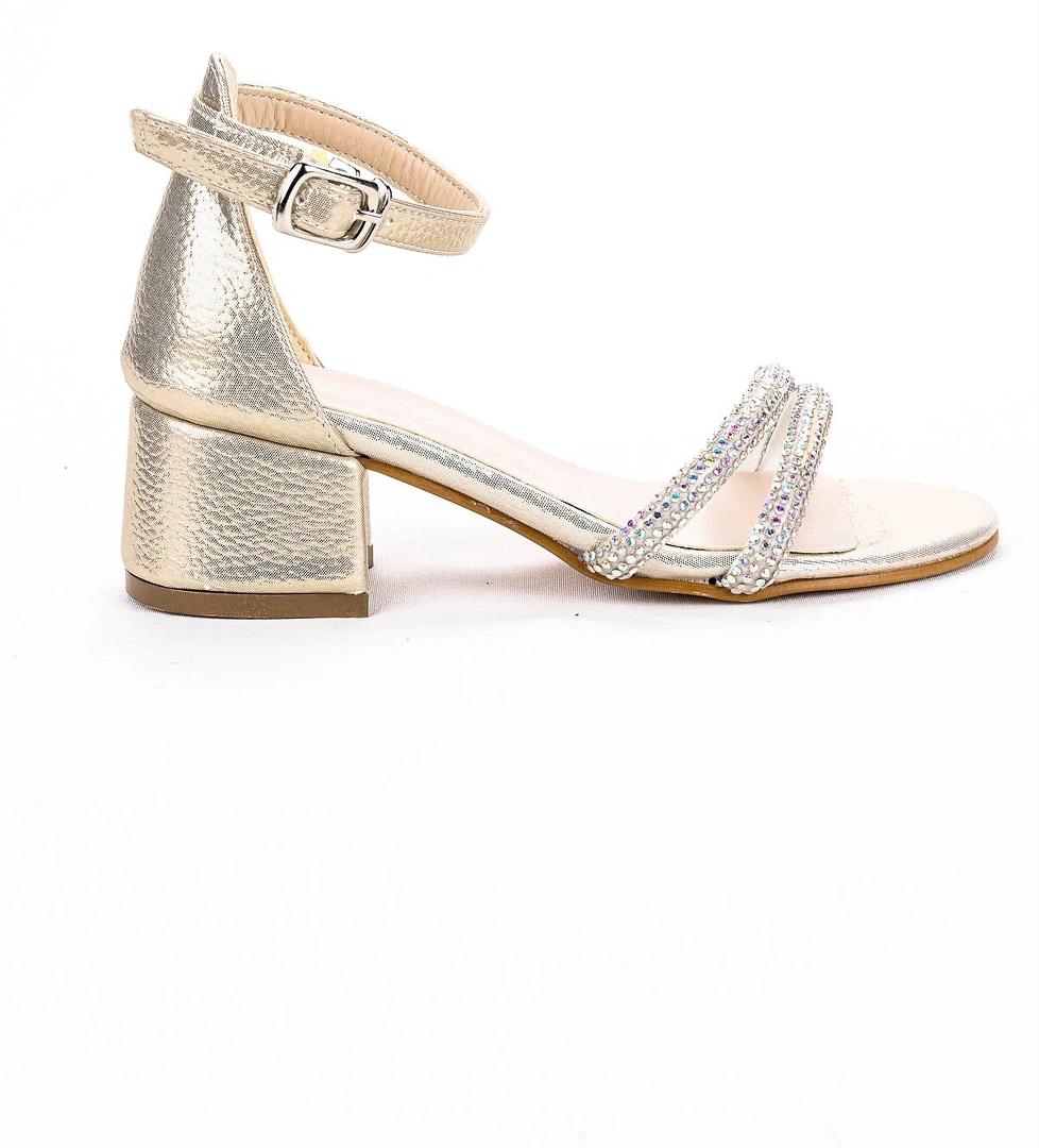 Sarer Taşlı Kız Çocuk 3 Cm Topuklu Sandalet Abiye Ayakkabı Altın