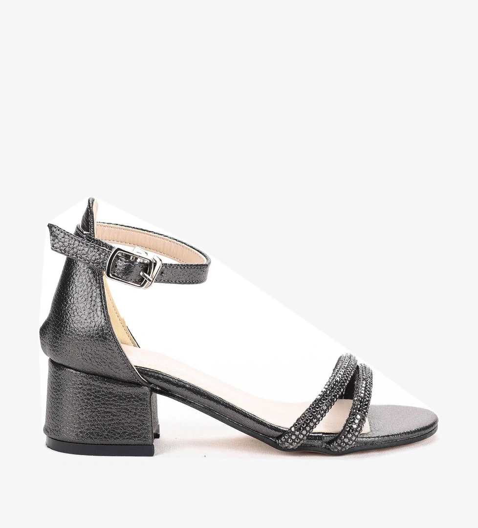 Sarer Taşlı Kız Çocuk 3 Cm Topuklu Sandalet Abiye Ayakkabı Platin