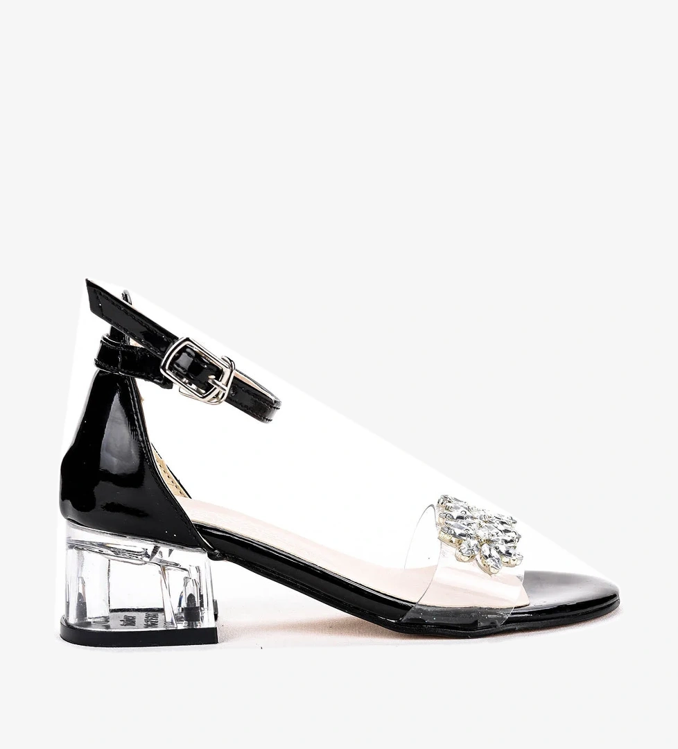 Yangu Rugan Taşlı Kız Çocuk 3 Cm Şeffaf Topuklu Sandalet Abiye Ayakkabı Siyah - Görsel 1